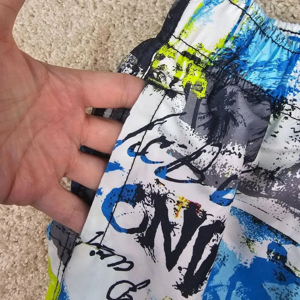 Cherokee Boys Swim Trunks 8/10 Blue Neon Graphic Board Shorts Lined Drawstring